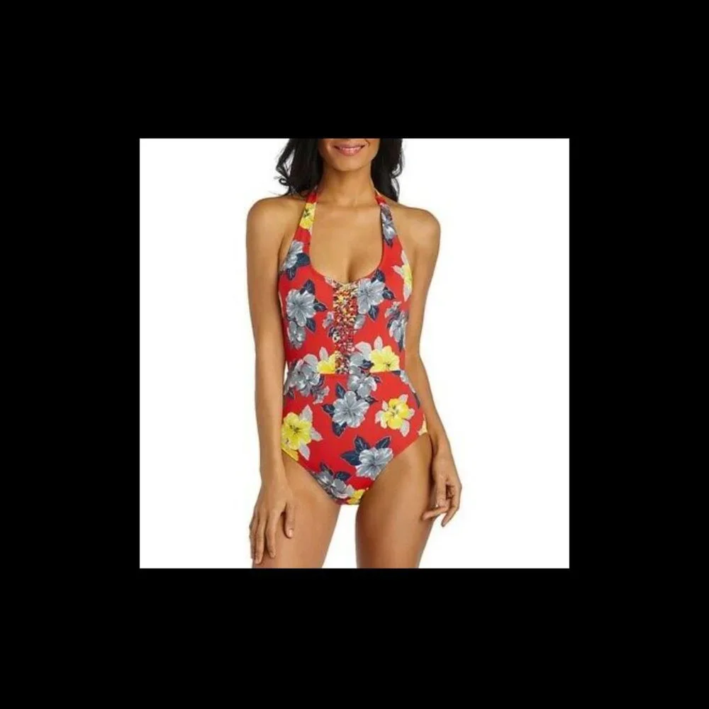 NWT $89 Ambrielle‎ Hawaiian Floral One Piece Swimsuit in Red [SZ Medium ] #3902